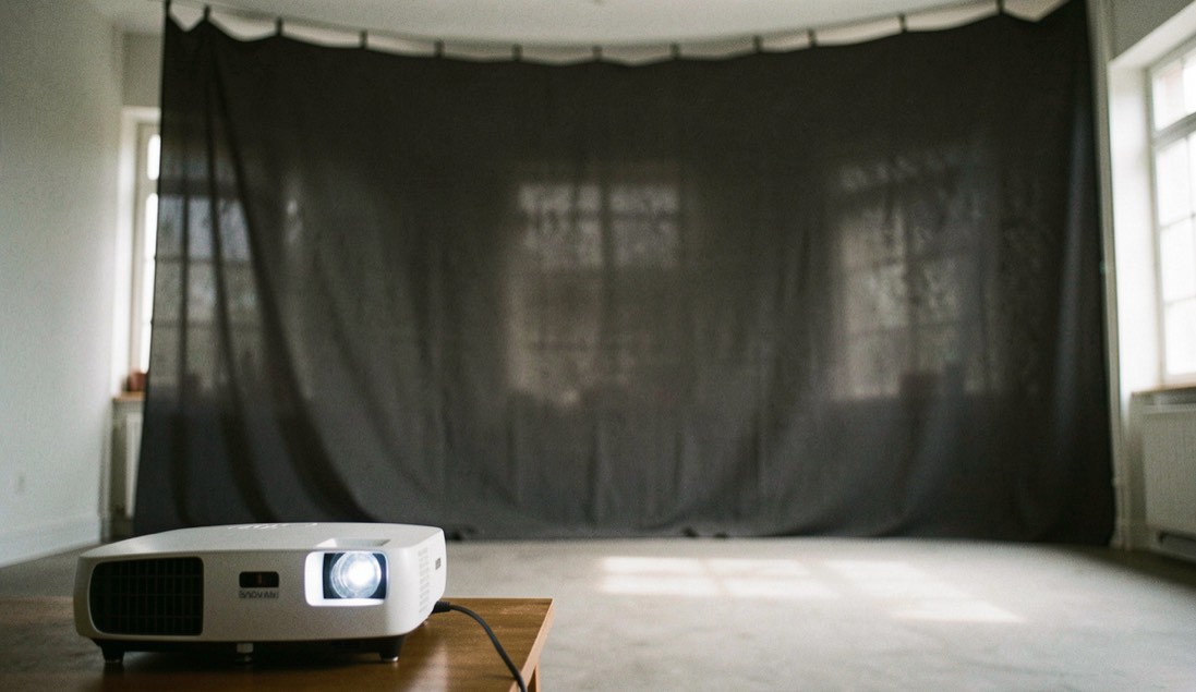 Projector, cortina fosca i moviment de llum dins una sala buida
