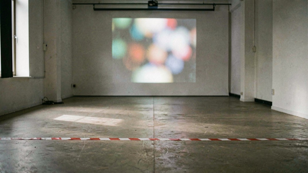 Una sala d’assaig buida amb llum lateral, cinta de marcatge i una projecció difusa al fons